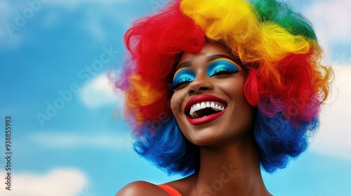 Celebratory close-up of a joyful African American woman in vibrant clown wig and makeup at a pride parade, showcasing diversity and inclusion against a clear blue sky backdrop, ideal for social awaren