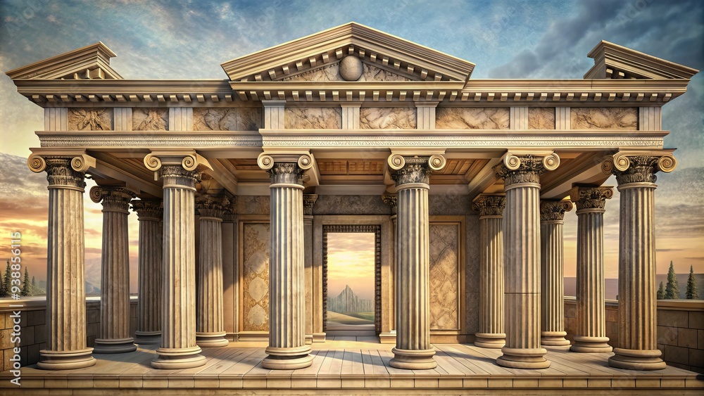 Obraz premium Ancient Greek-inspired architectural sketch featuring ornate Ionic pillars, intricate stone carvings, and subtle shading, evoking a sense of timeless elegance and classical sophistication.