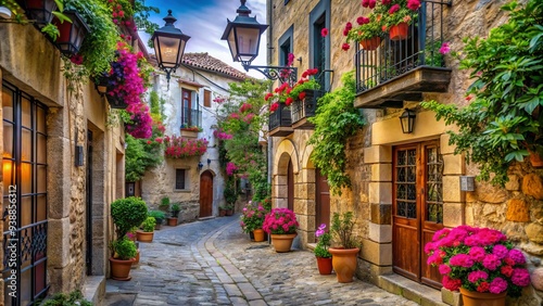 Ancient stone walls and charming streets of St. Augustine, Spain, surrounded by historic architecture, ornate lanterns, and vibrant flowers, exuding a sense of rich cultural heritage.