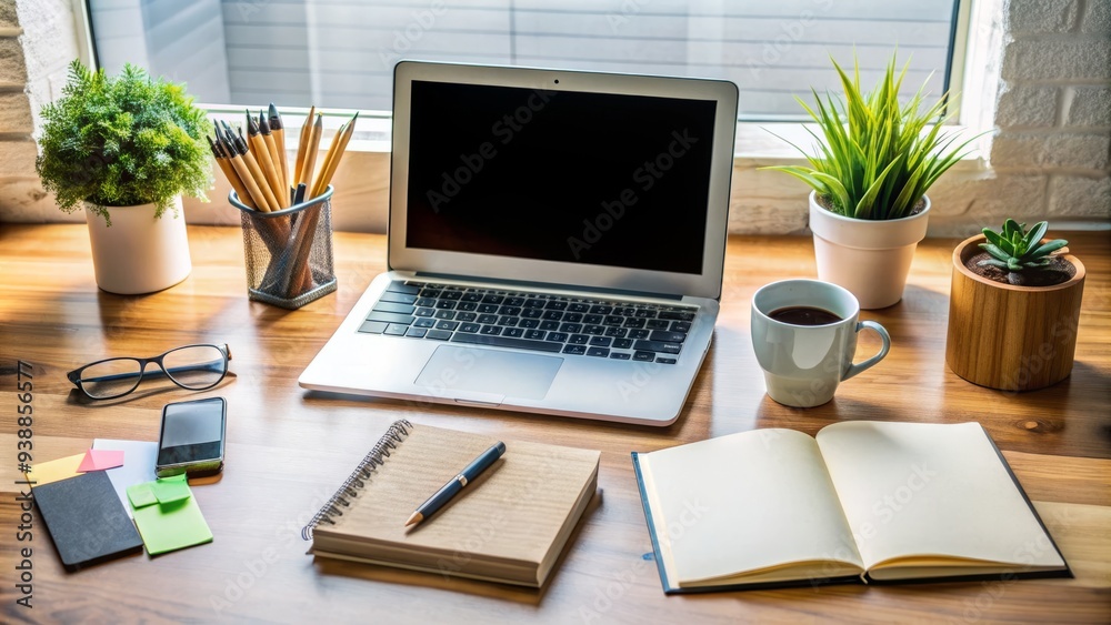 Fototapeta premium A neatly organized desk with a scattered assortment of writing utensils, papers, and a laptop, evoking a sense of creative productivity and focused work.