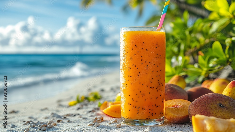 Obraz premium A tall glass of exotic fruit juice with a colorful straw, surrounded by fresh tropical fruits, on a sandy beach under a clear blue sky