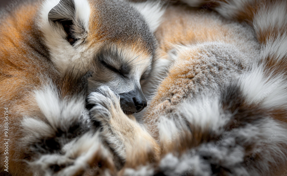 Fototapeta premium A lemur nestled within its own soft fur, peacefully sleeping, embodying the serene and gentle nature of this unique primate in its natural habitat.