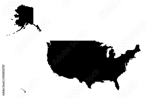 Vector map of United States of America, a country in North America. Detailed black silhouette, isolated on white background.