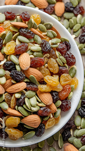 A colorful assortment of nuts and dried fruits scattered on a white background. The mix includes almonds, walnuts, and various dried berries, creating a vibrant and healthy snack option.