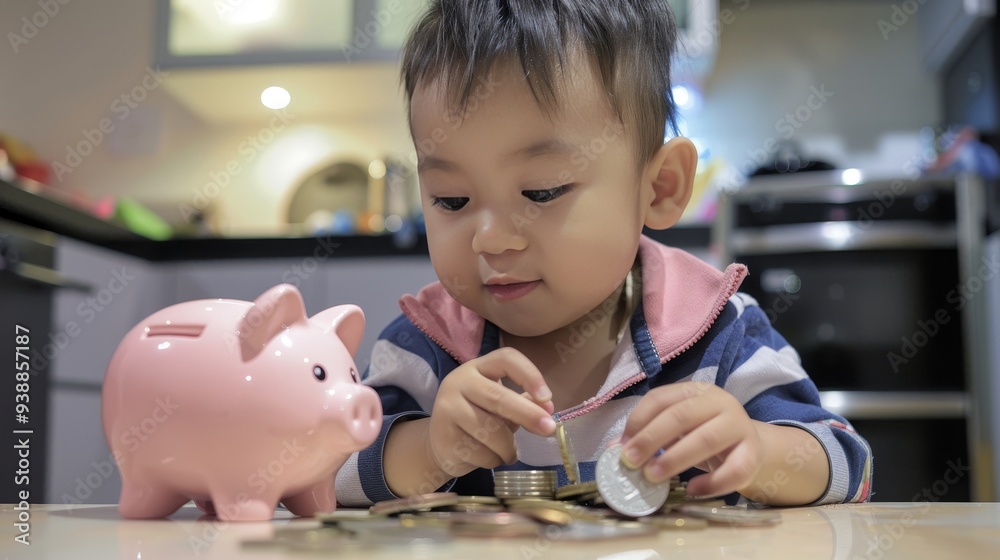 Young Child Learning Financial Literacy by Dropping Coins into a Piggy Bank, Emphasizing the Importance of Financial Education from an Early Age Young Child Learning Financial Literacy by Dropping Coins into a Piggy Bank, Emphasizing the Importance of Financial Education from an Early Age