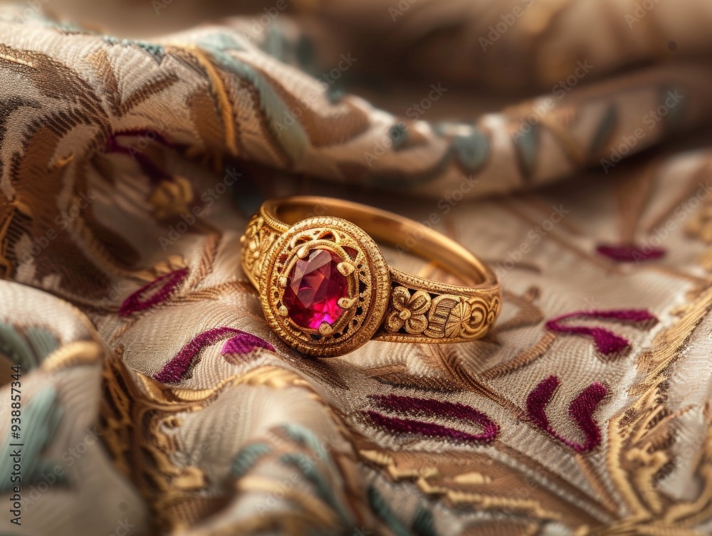 A close-up view of a gold ring adorned with a ruby gemstone, resting on a luxurious fabric backdrop. The ring's intricate details and the ruby's vibrant color create an elegant and captivating image. A close-up view of a gold ring adorned with a ruby gemstone, resting on a luxurious fabric backdrop. The ring's intricate details and the ruby's vibrant color create an elegant and captivating image.