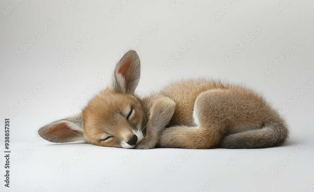 A fennec fox kit with large ears, curled up and asleep, highlighting its unique and endearing features. A fennec fox kit with large ears, curled up and asleep, highlighting its unique and endearing features.