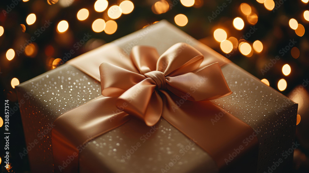 A beautifully wrapped gift box with a shimmering bow, set against a background of warm golden bokeh lights, perfect for holiday, celebration, or gift-giving themes, A beautifully wrapped gift box with a shimmering bow, set against a background of warm golden bokeh lights, perfect for holiday, celebration, or gift-giving themes,