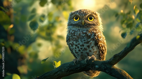 An owl with wide yellow eyes perched on a tree branch against a blurred background of green leaves and soft light, ideal for nature-related content, wildlife photography, educational materials photo