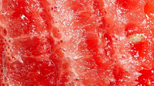 Close-Up of Fresh Juicy Watermelon with Vibrant Red Flesh and Seed Patterns, Highlighting the Refreshing and Hydrating Qualities of Summer's Favorite Fruit photo