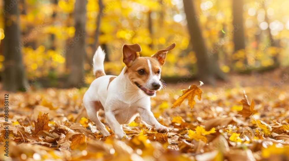 Happy Active Jack Russell Terrier Running Joyfully Through Autumn Leaves During a Vibrant Fall Walk, Perfect Seasonal Pet Background Happy Active Jack Russell Terrier Running Joyfully Through Autumn Leaves During a Vibrant Fall Walk, Perfect Seasonal Pet Background