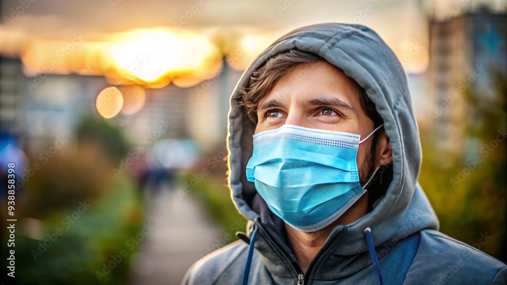 A person wears a blue surgical face mask outdoors, protecting against airborne pathogens and viruses, amidst a global health pandemic atmosphere. A person wears a blue surgical face mask outdoors, protecting against airborne pathogens and viruses, amidst a global health pandemic atmosphere.