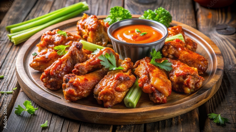 A Platter Of Sizzling Grilled Buffalo Wings, Crispy And Coated In A Tangy, Spicy Sauce, Arranged On A Wooden Surface With Dipping Sauce And Celery Sticks A Platter Of Sizzling Grilled Buffalo Wings, Crispy And Coated In A Tangy, Spicy Sauce, Arranged On A Wooden Surface With Dipping Sauce And Celery Sticks