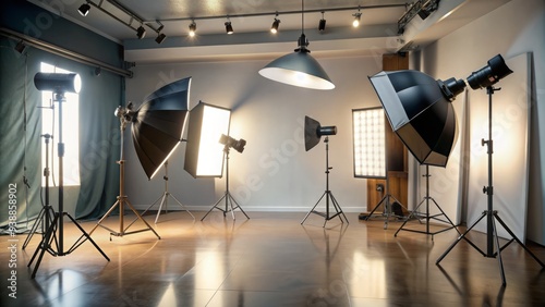 A Professional Lighting Arrangement With Softbox Lights And Reflectors Used In A Photography Studio For Illuminating A Subject During Photo Or Video Shoots.