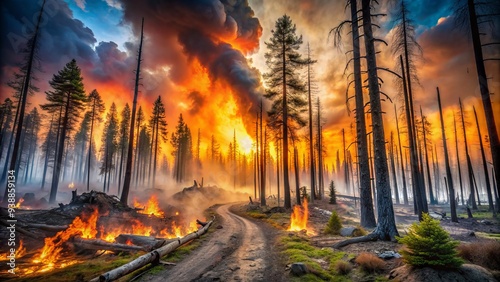 A raging wildfire sweeps through a once-lush forest, leaving behind a trail of smoldering ruins, charred tree trunks, and a landscape of utter devastation. photo