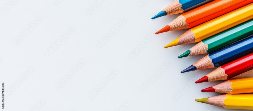 A row of colored pencils on a white background, top view A row of colored pencils on a white background, top view