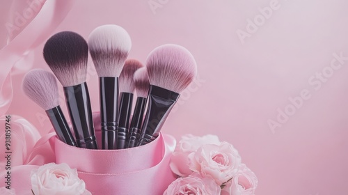 Elegant Makeup Brushes and Pink Roses on Soft Pink Background - Beauty, Cosmetics, and Feminine Decor photo