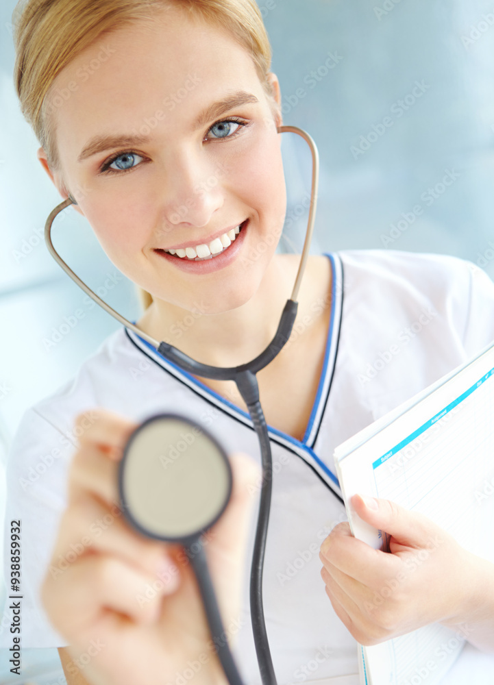 Portrait, woman or doctor in hospital with stethoscope, lungs assessment and monitoring health of patient. Medical, female cardiologist and tool to listen for heart sounds, rhythm and blood pressure Portrait, woman or doctor in hospital with stethoscope, lungs assessment and monitoring health of patient. Medical, female cardiologist and tool to listen for heart sounds, rhythm and blood pressure