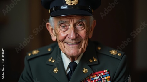 Honored Senior Military Veteran: Portrait of Decorated Elderly Soldier in Full Uniform