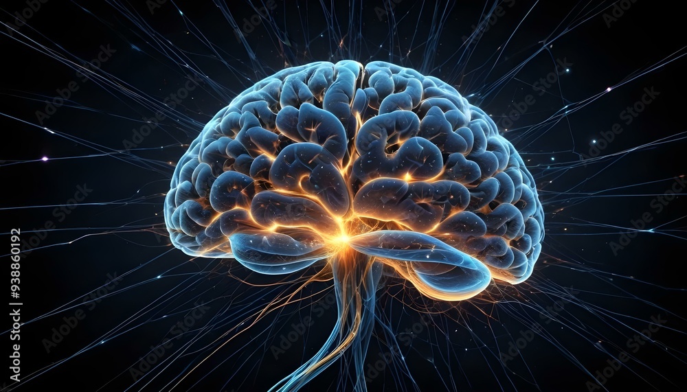 A image of a 3d rendered illustration of a electronic metal human brain with neon growing lightning A image of a 3d rendered illustration of a electronic metal human brain with neon growing lightning