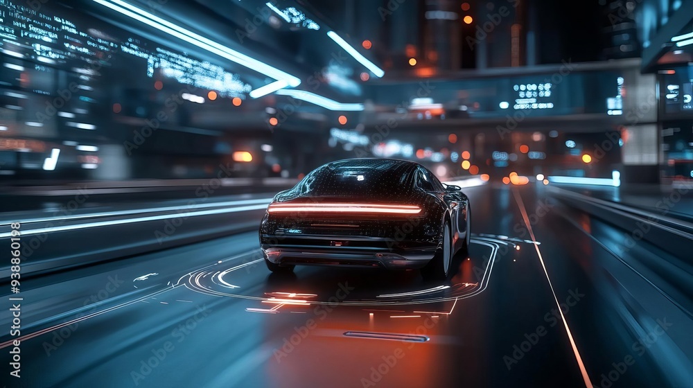Fototapeta premium An AI-powered self-driving car on a futuristic highway, with glowing paths indicating its route, symbolizing autonomous transportation