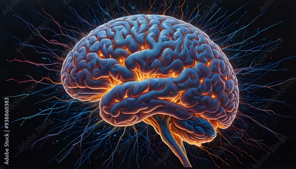 A image of a 3d rendered illustration of a electronic metal human brain with neon growing lightning A image of a 3d rendered illustration of a electronic metal human brain with neon growing lightning