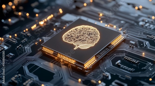 A glowing AI-powered chip integrated into a human brain, symbolizing the merging of human and machine intelligence photo