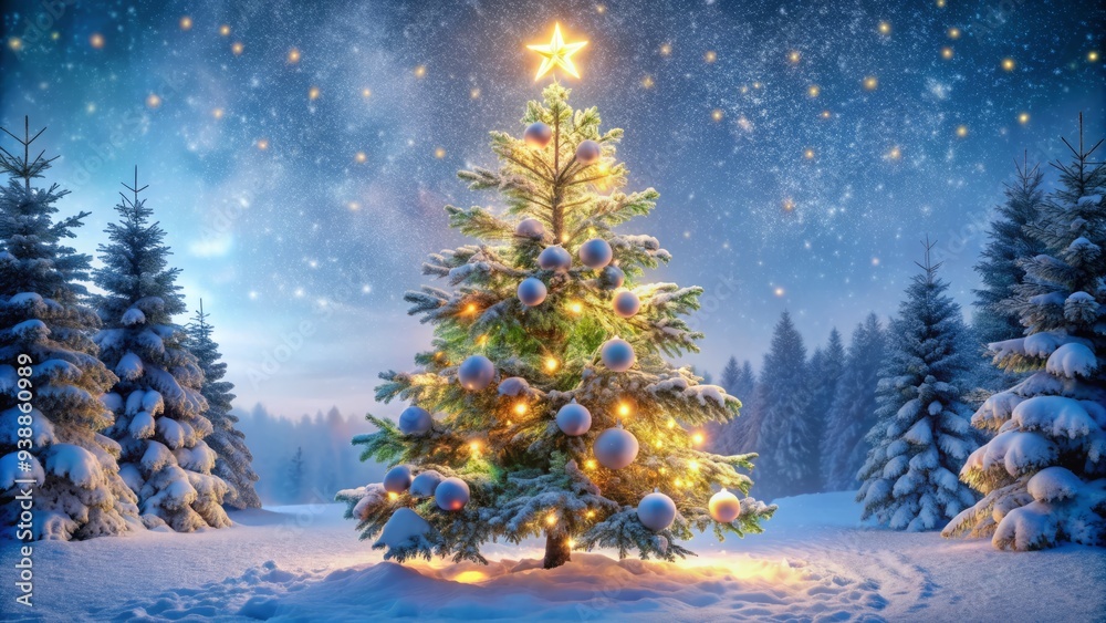 A serene winter scene featuring a majestic evergreen tree with ornate trimming and sparkling fairy lights, set against a soft blue snowy background landscape. A serene winter scene featuring a majestic evergreen tree with ornate trimming and sparkling fairy lights, set against a soft blue snowy background landscape.