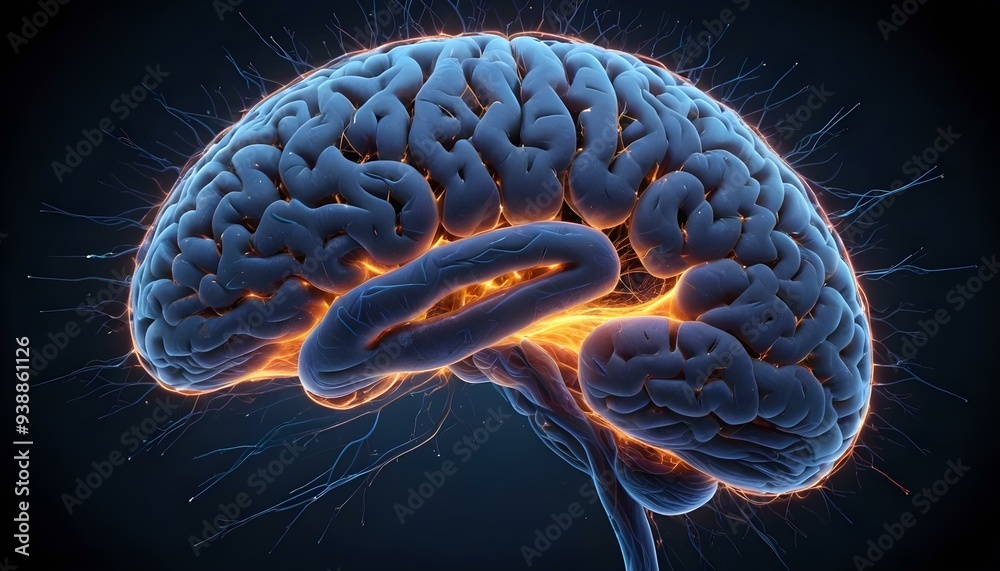 A image of a 3d rendered illustration of a electronic metal human brain with neon growing lightning A image of a 3d rendered illustration of a electronic metal human brain with neon growing lightning