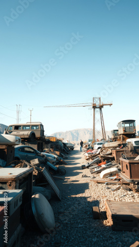 Wallpaper Mural A junkyard with a crane and a mountain in the background Torontodigital.ca