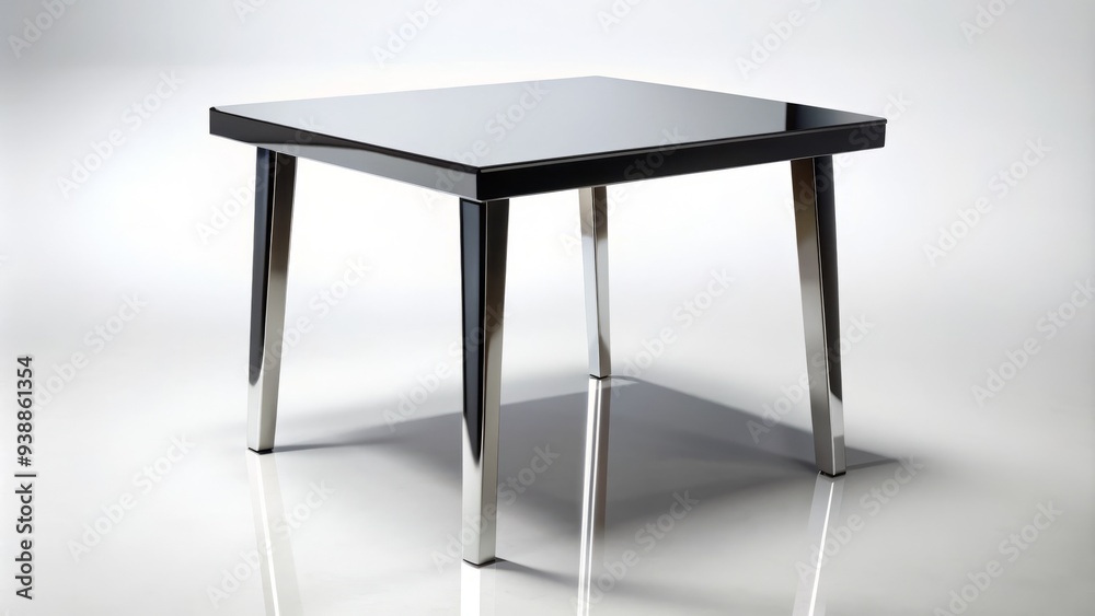 A shiny black modern table stands alone on a pure white background, its sleek legs and minimalist design exuding simplicity and sophistication in isolation. A shiny black modern table stands alone on a pure white background, its sleek legs and minimalist design exuding simplicity and sophistication in isolation.