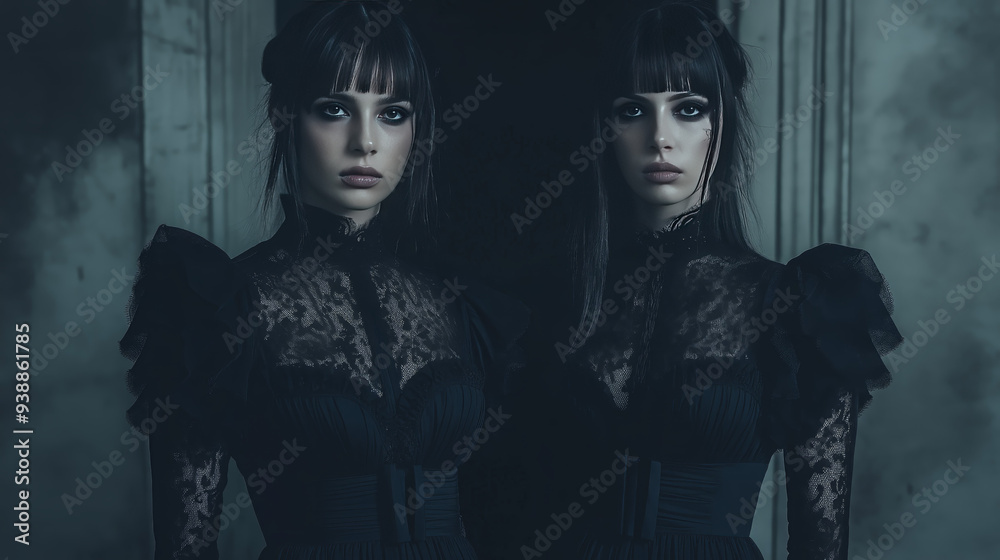 portrait of two Gothic women with black hair and striking blue eyes, elegantly dressed in dark Victorian attire and posing in front of mirrors, set against a dark grey background
portrait of two Gothic women with black hair and striking blue eyes, elegantly dressed in dark Victorian attire and posing in front of mirrors, set against a dark grey background