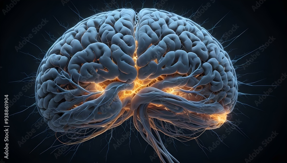 A image of a 3d rendered illustration of a electronic metal human brain with neon growing lightning A image of a 3d rendered illustration of a electronic metal human brain with neon growing lightning