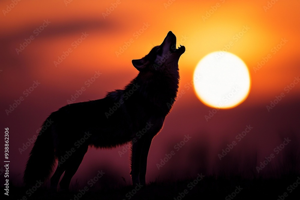 A wolf howling in the distance, its silhouette sharp and clear against a twilight sky A wolf howling in the distance, its silhouette sharp and clear against a twilight sky