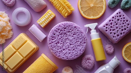 Cleaning products on purple background for housekeeping service concept photo