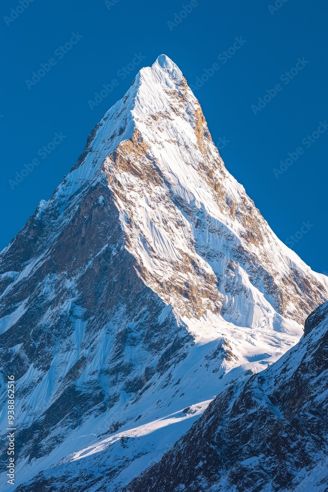 The crest of a snow-covered peak, isolated against a deep blue sky The crest of a snow-covered peak, isolated against a deep blue sky