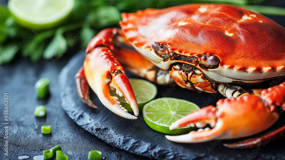 Vibrant image of a cooked red crab presented on a slate plate, garnished with fresh lime slices and herbs, highlighting the freshness of seafood cuisine. Vibrant image of a cooked red crab presented on a slate plate, garnished with fresh lime slices and herbs, highlighting the freshness of seafood cuisine.