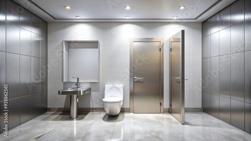 A sleek, modern, and clean public bathroom stall with a silver door, white walls, and a toilet, exuding a sense of privacy and hygiene. photo