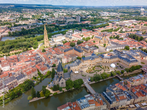 View from above to the city of Metz which is a town in France with a historical city center 