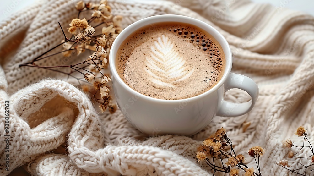 Beige blanket, coffee cup, and dry flowers create a cozy flat lay on a white table, embodying a hygge boho autumn home office style. Beige blanket, coffee cup, and dry flowers create a cozy flat lay on a white table, embodying a hygge boho autumn home office style.