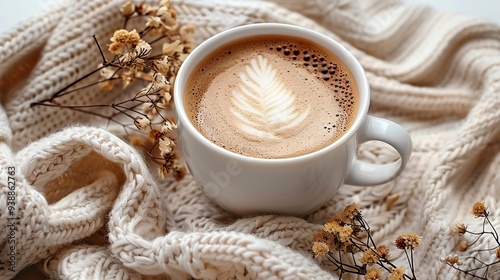 Beige blanket, coffee cup, and dry flowers create a cozy flat lay on a white table, embodying a hygge boho autumn home office style.