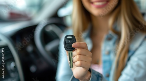 Happy Smiling Woman Holding Car Key in New Vehicle Purchase Moment