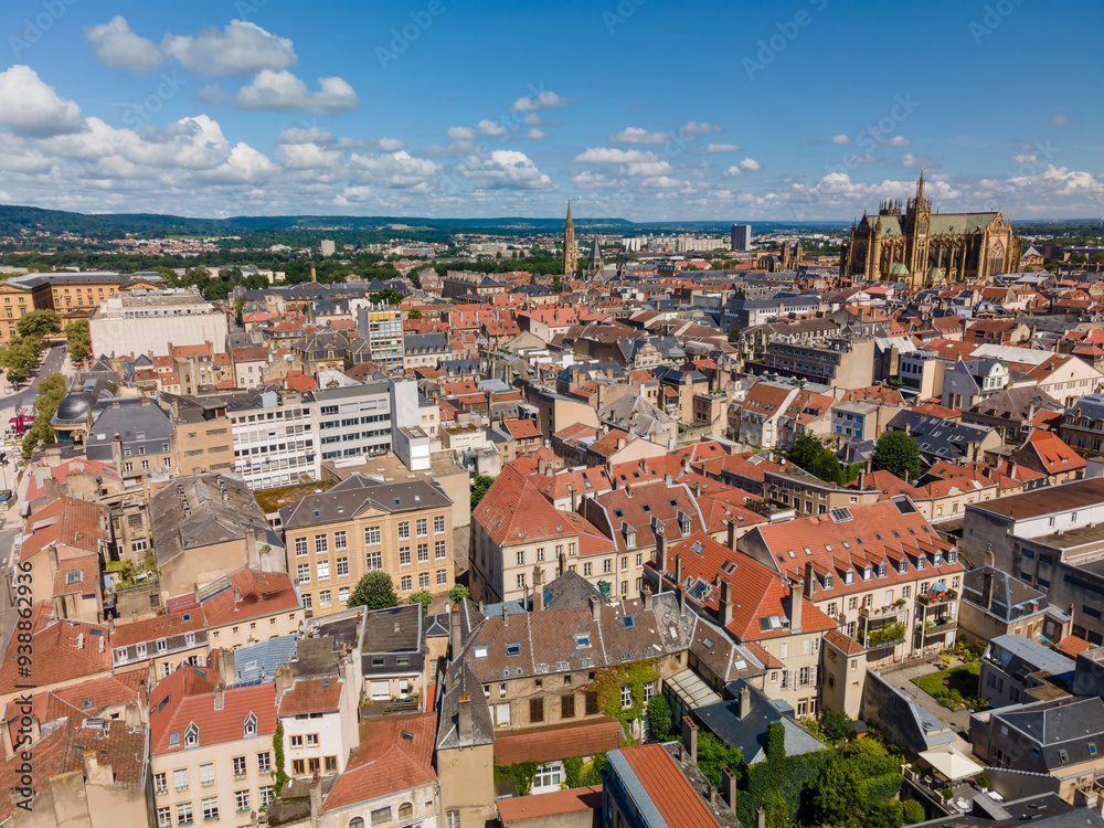 View from above to the city of Metz which is a town in France with a historical city center 