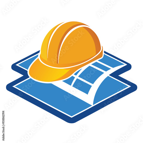 A logo combining a construction helmet resting on top of a blueprint to represent project management and fieldwork