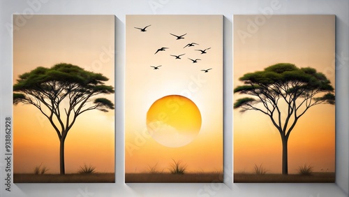 set of three vertical poster, sun behind minimalist  large old  tree with birds nature  oil painting wall deco