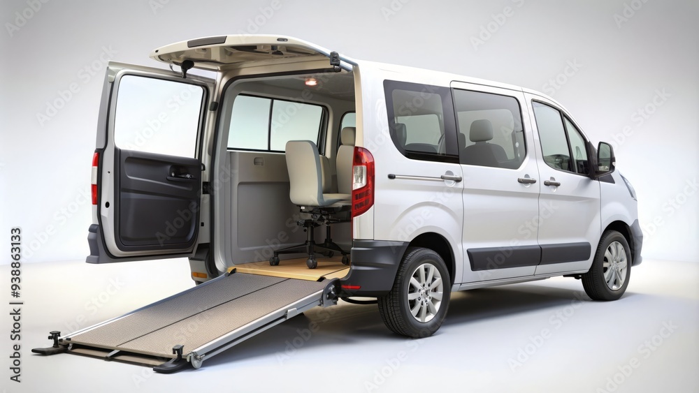A sleek, modern wheelchair-accessible van with a hydraulic ramp and secure tie-downs awaits at the curb, ready for safe and convenient transportation. A sleek, modern wheelchair-accessible van with a hydraulic ramp and secure tie-downs awaits at the curb, ready for safe and convenient transportation.