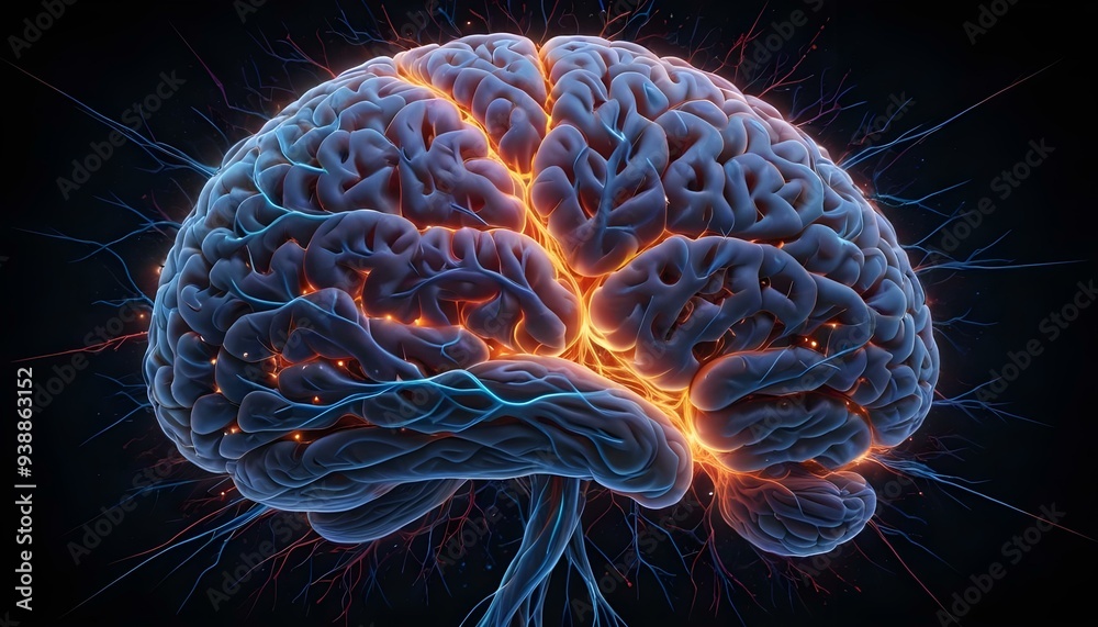 A image of a 3d rendered illustration of a electronic metal human brain with neon growing lightning A image of a 3d rendered illustration of a electronic metal human brain with neon growing lightning