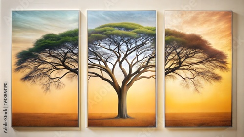 set of three vertical poster, minimalist  large old tree and oil painting wall deco