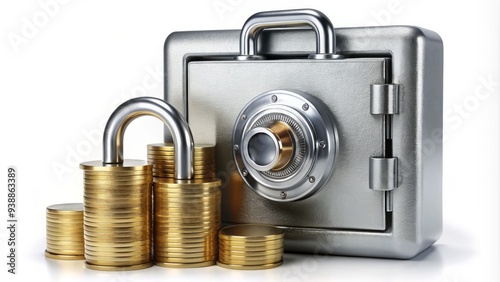 A sleek silver combination lock securing a miniature safe filled with gold coins and stacks of money, symbolizing protected financial growth and prudent investment.