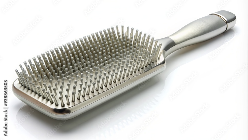 A sleek, silver hairbrush with soft, flexible bristles lies on a clutter-free, white background, waiting to tame tangled locks into silky, smooth perfection. A sleek, silver hairbrush with soft, flexible bristles lies on a clutter-free, white background, waiting to tame tangled locks into silky, smooth perfection.